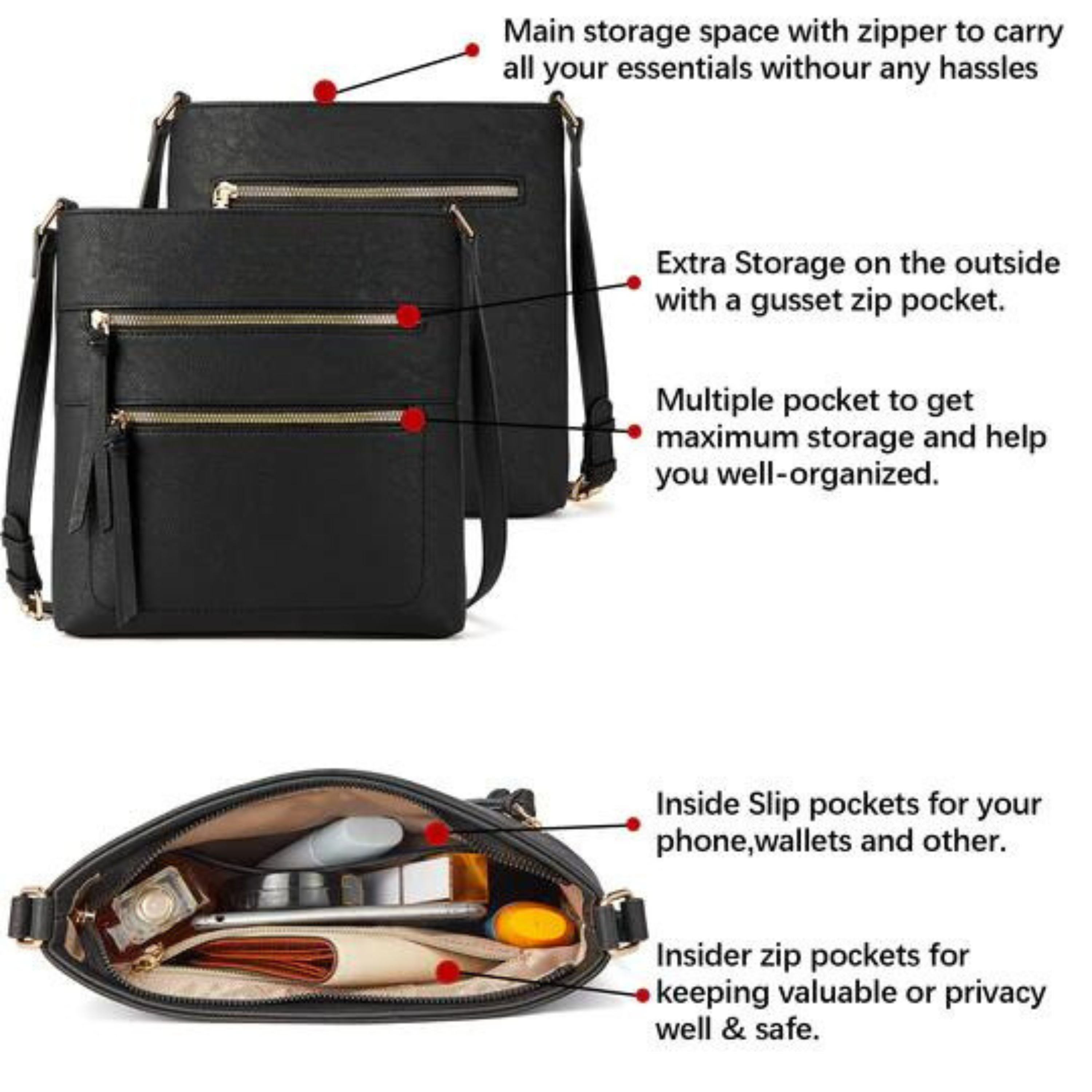 Double Zipper Sling Bag, 100% Vegan Leather