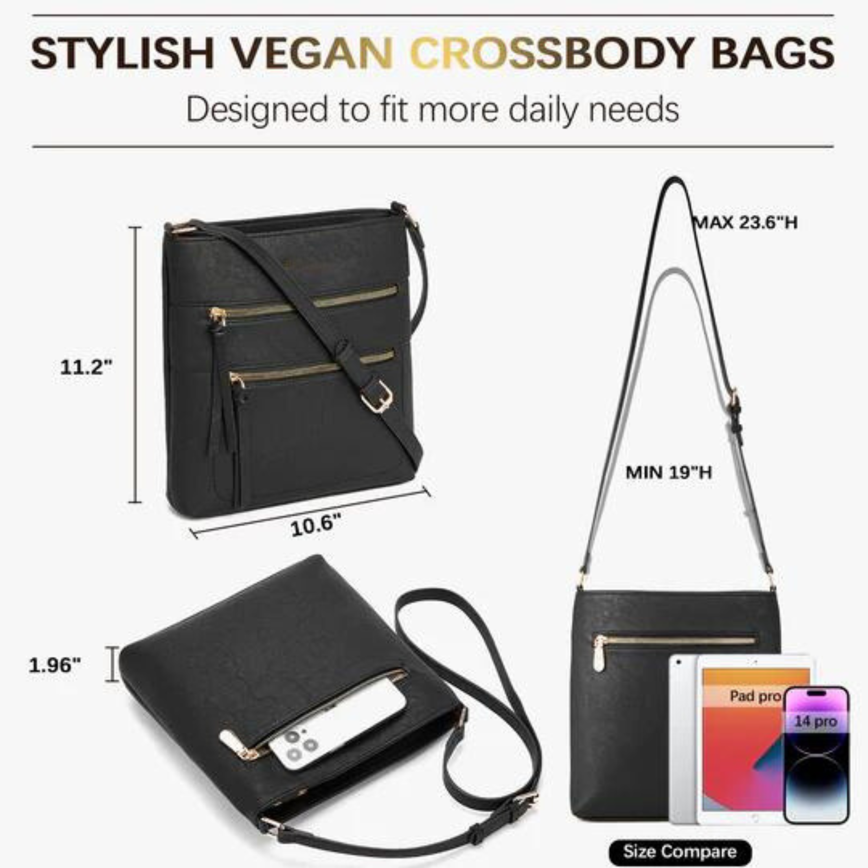Double Zipper Sling Bag, 100% Vegan Leather