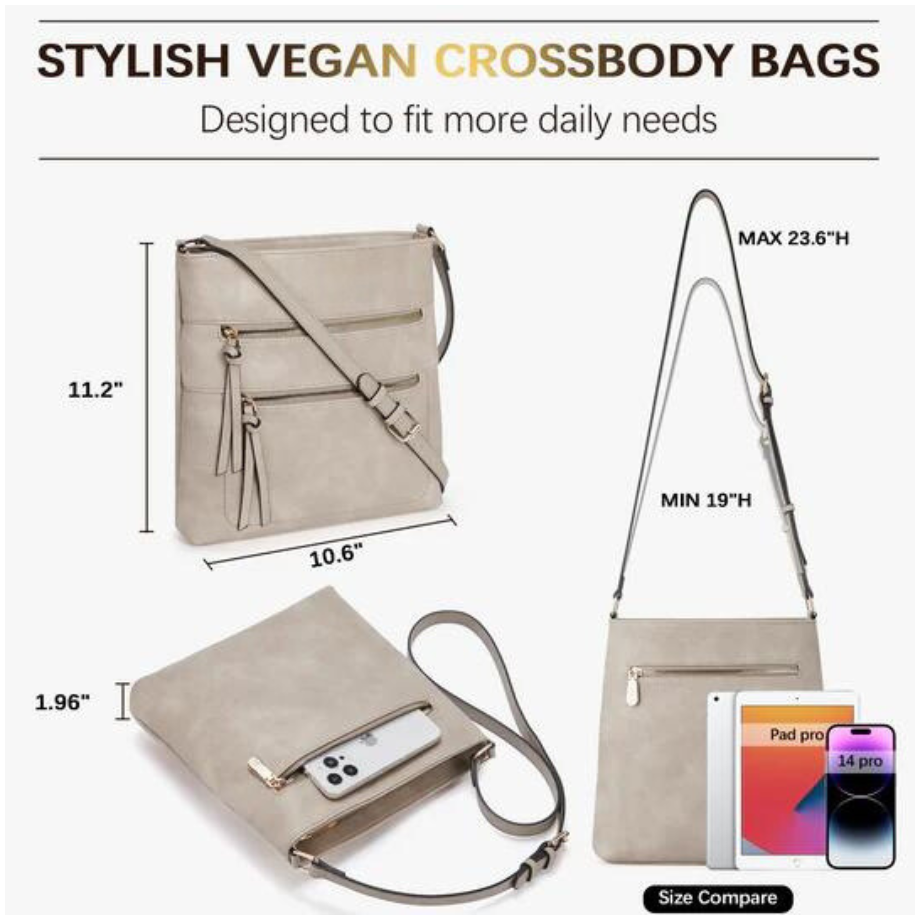 Double Zipper Sling Bag, 100% Vegan Leather