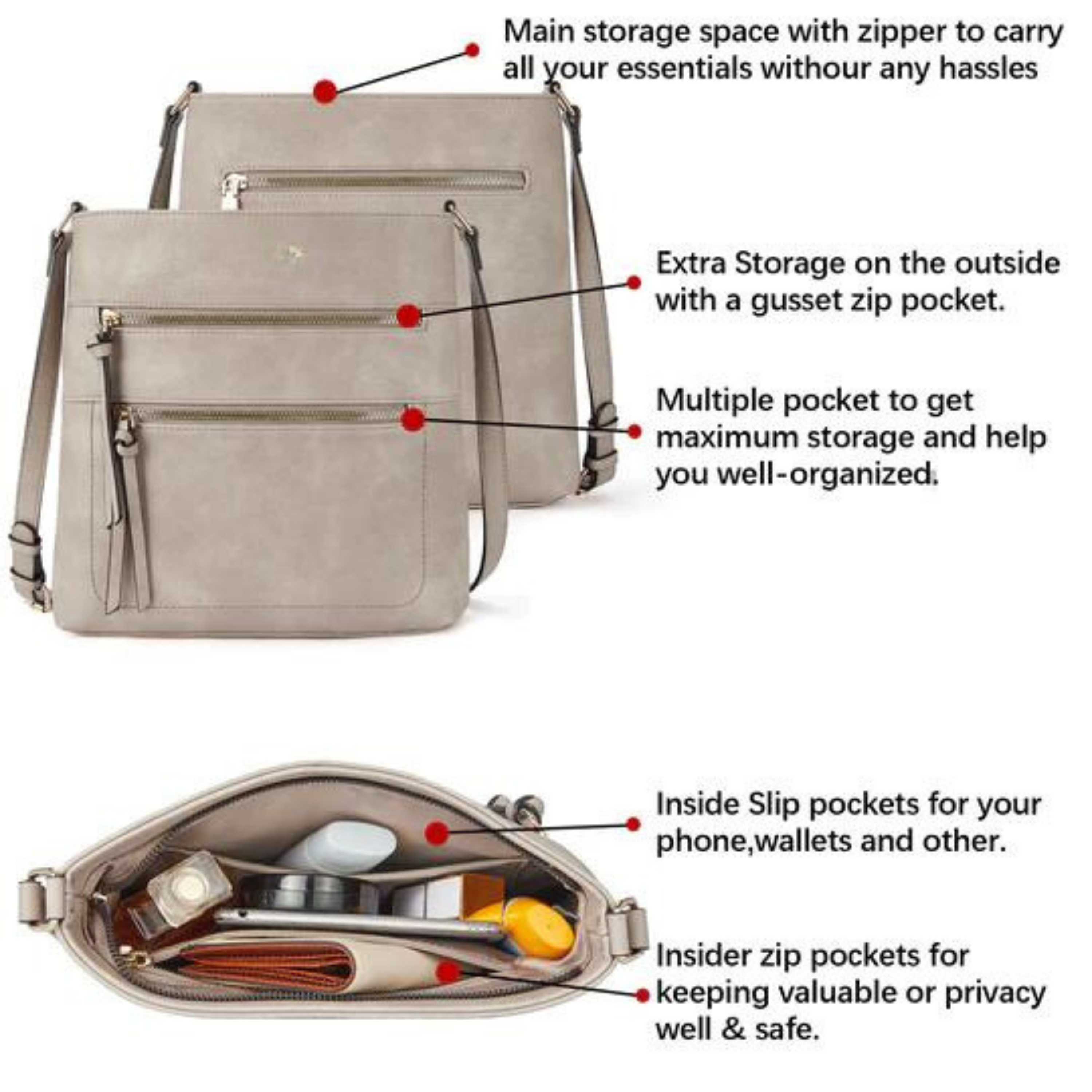 Double Zipper Sling Bag, 100% Vegan Leather