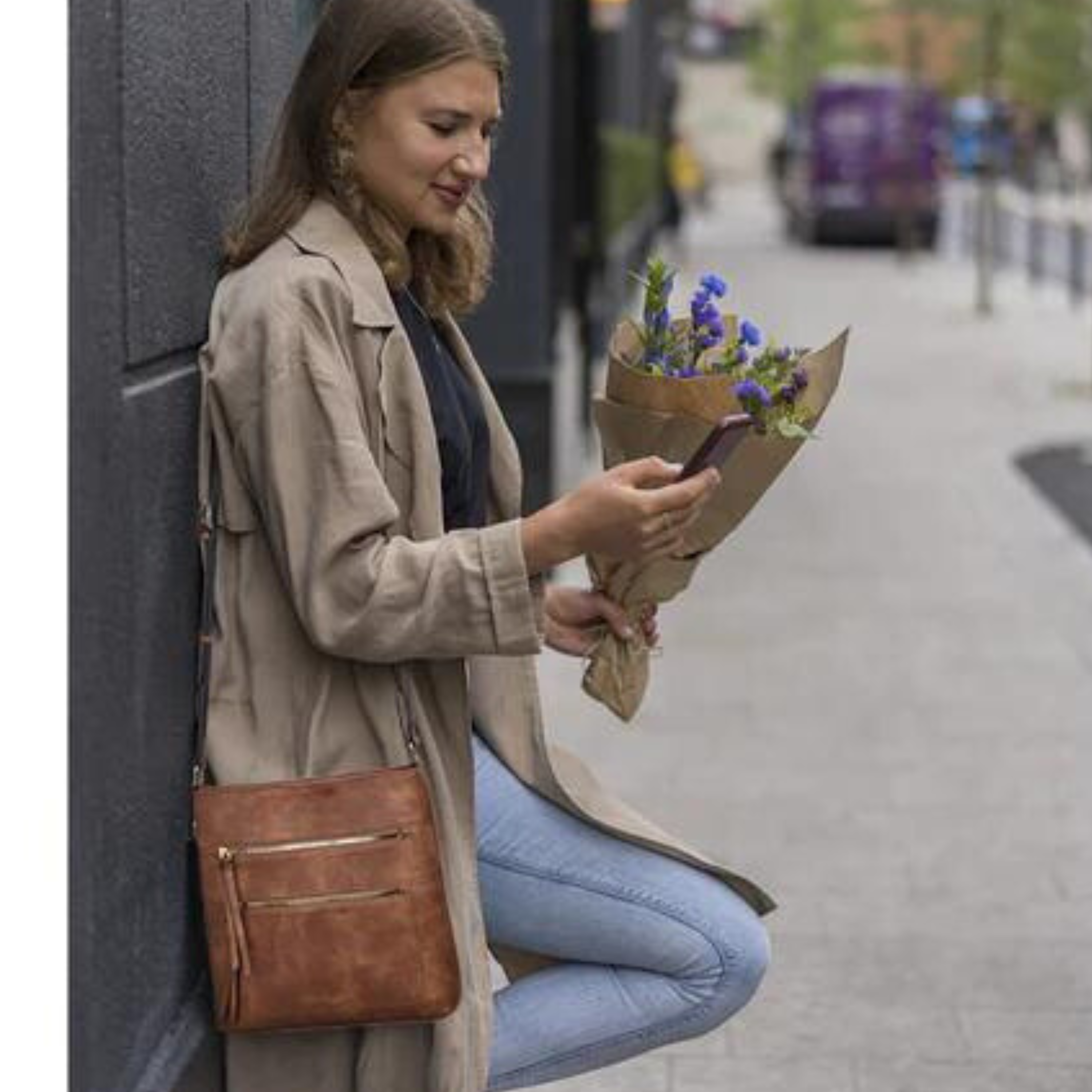 Double Zipper Sling Bag, 100% Vegan Leather