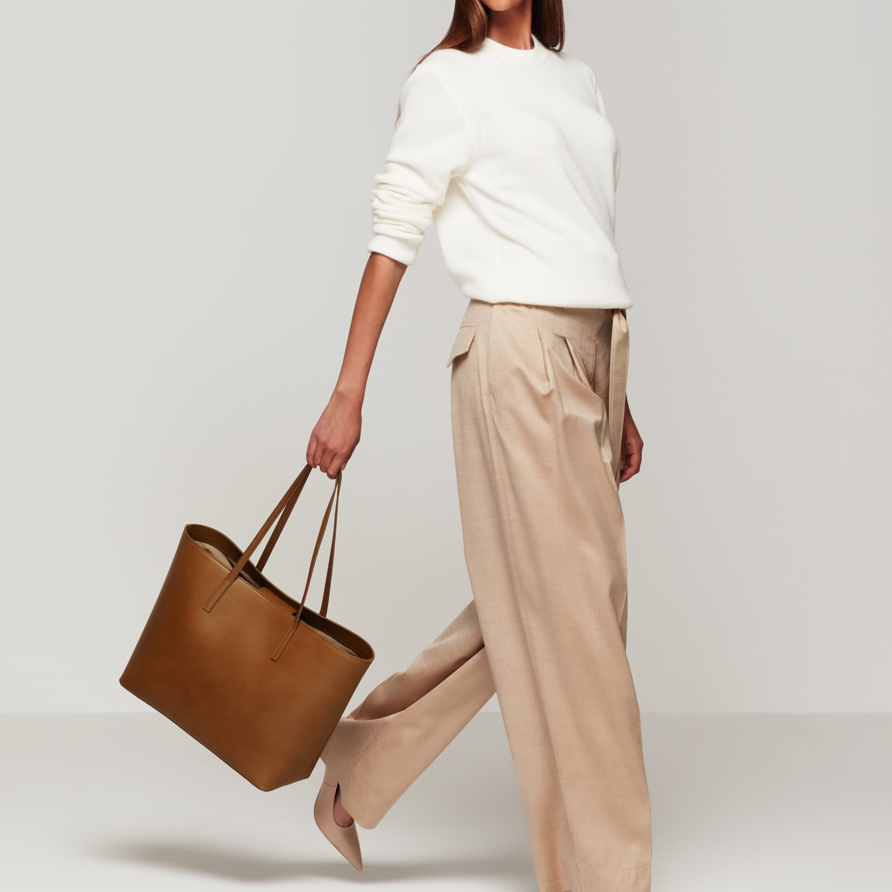 Tan Leather Work Tote Bag with Laptop Compartment