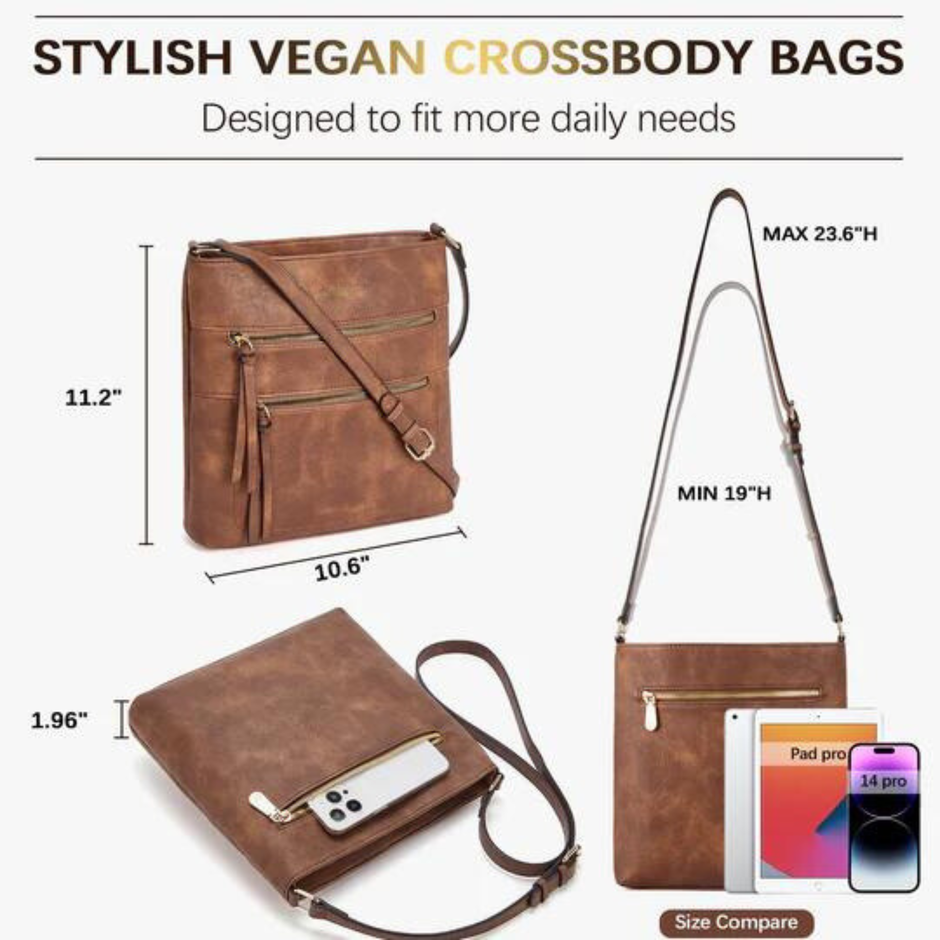 Double Zipper Sling Bag, 100% Vegan Leather