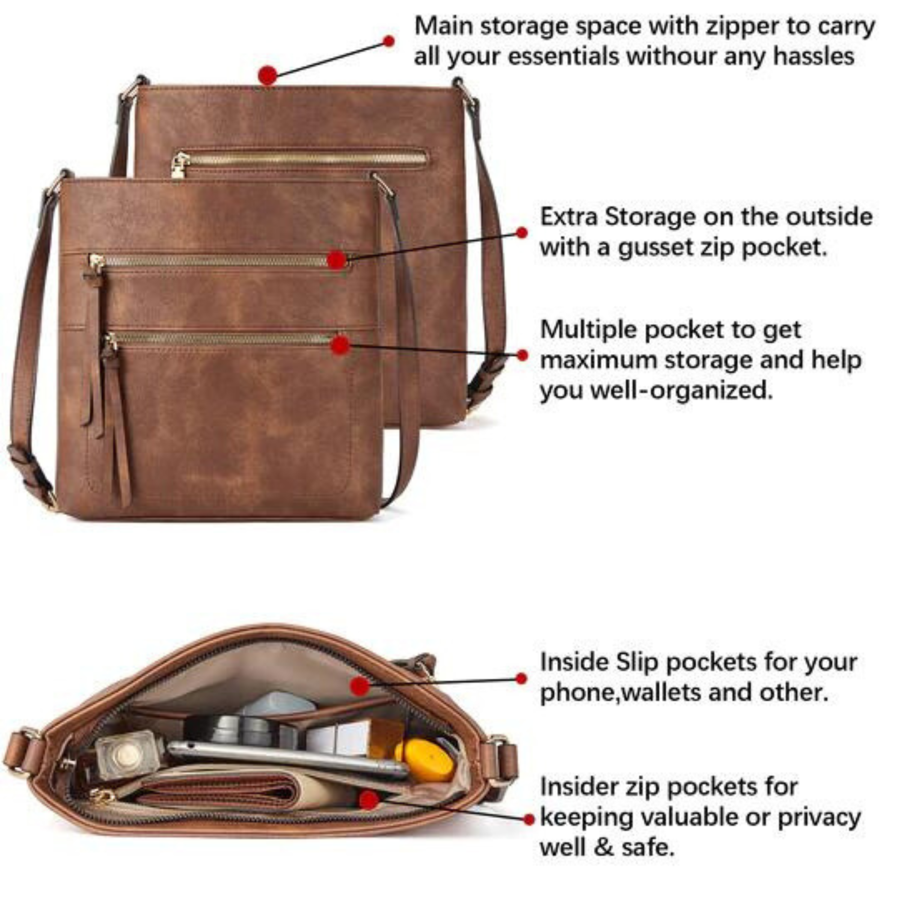 Double Zipper Sling Bag, 100% Vegan Leather