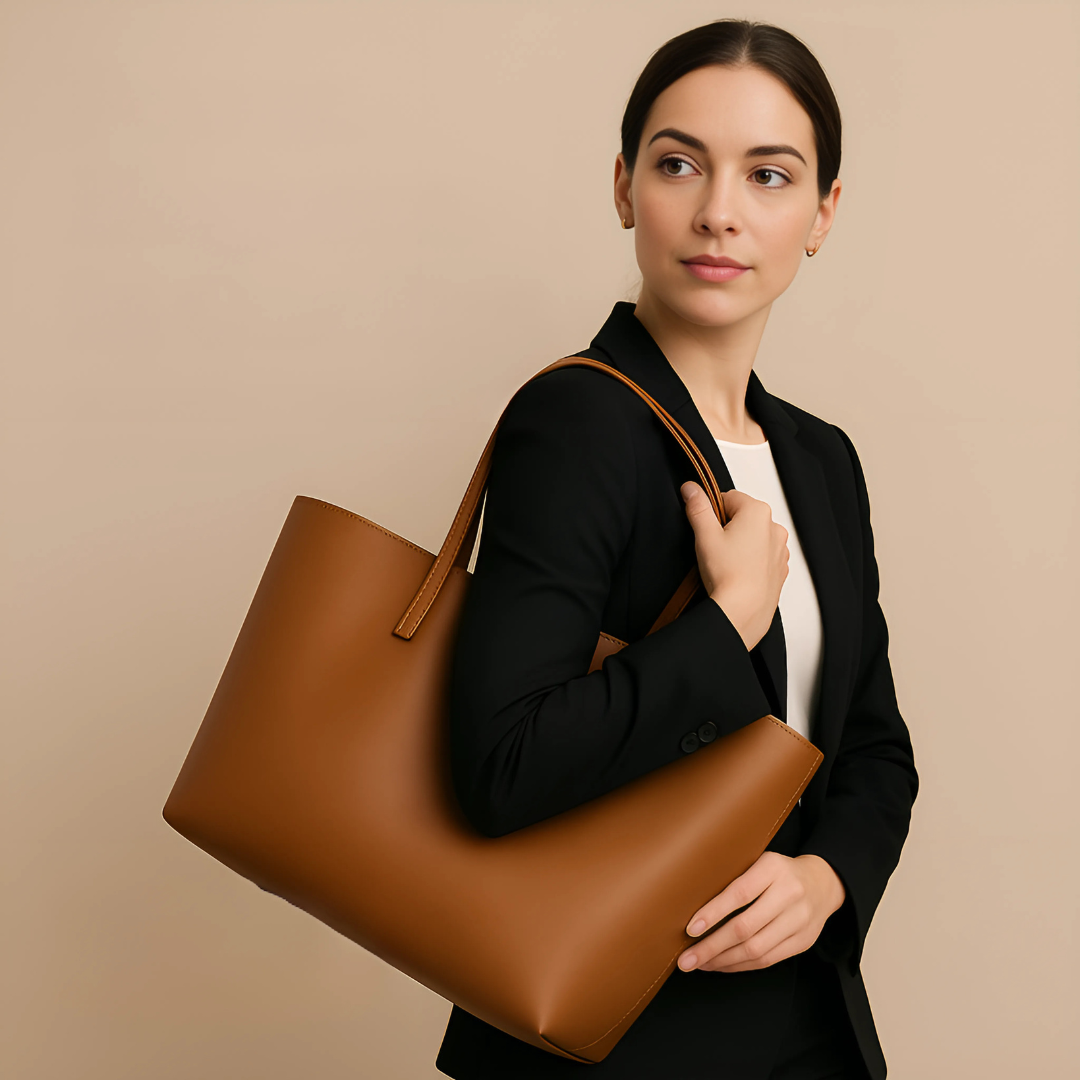 Tan Leather Work Tote Bag with Laptop Compartment