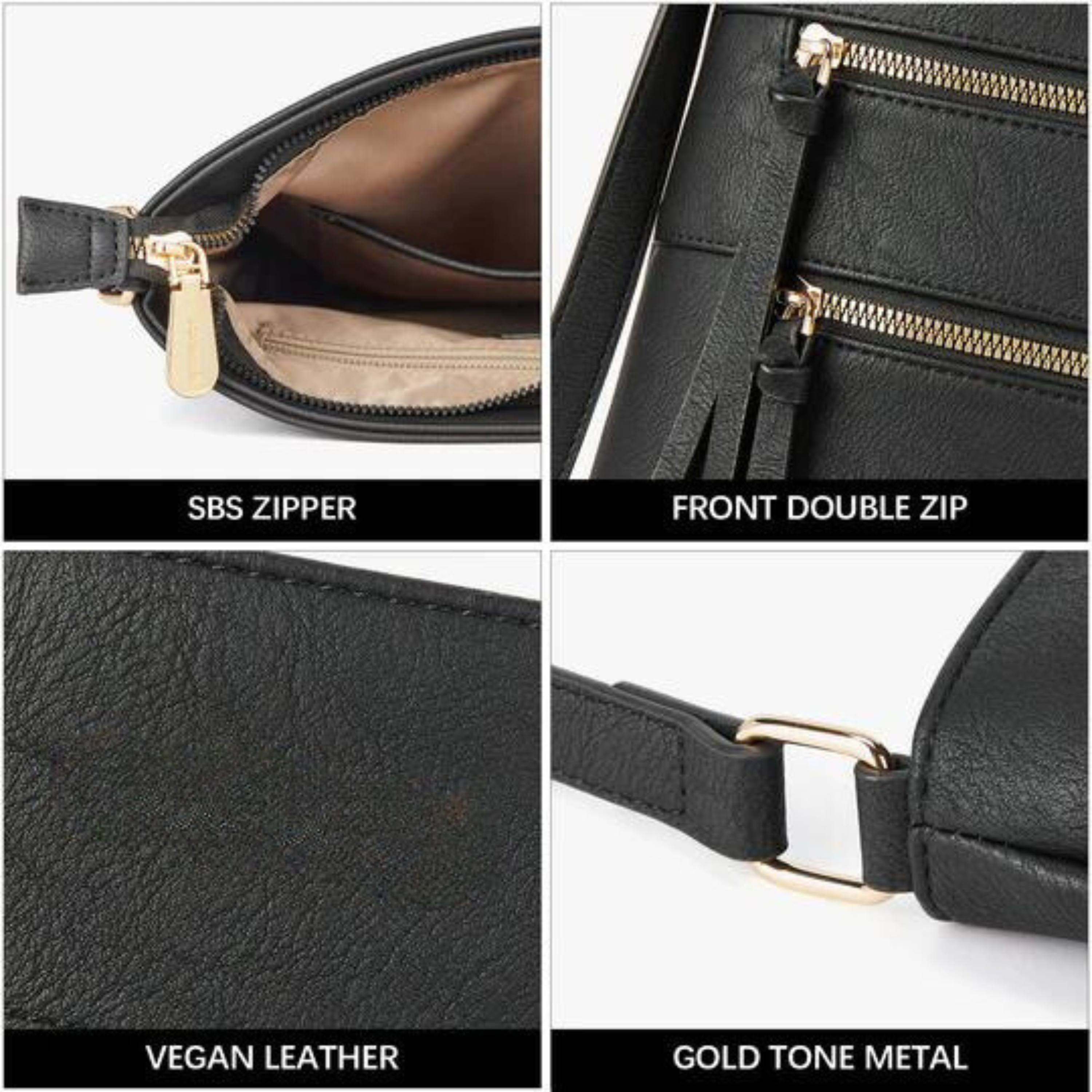 Double Zipper Sling Bag, 100% Vegan Leather