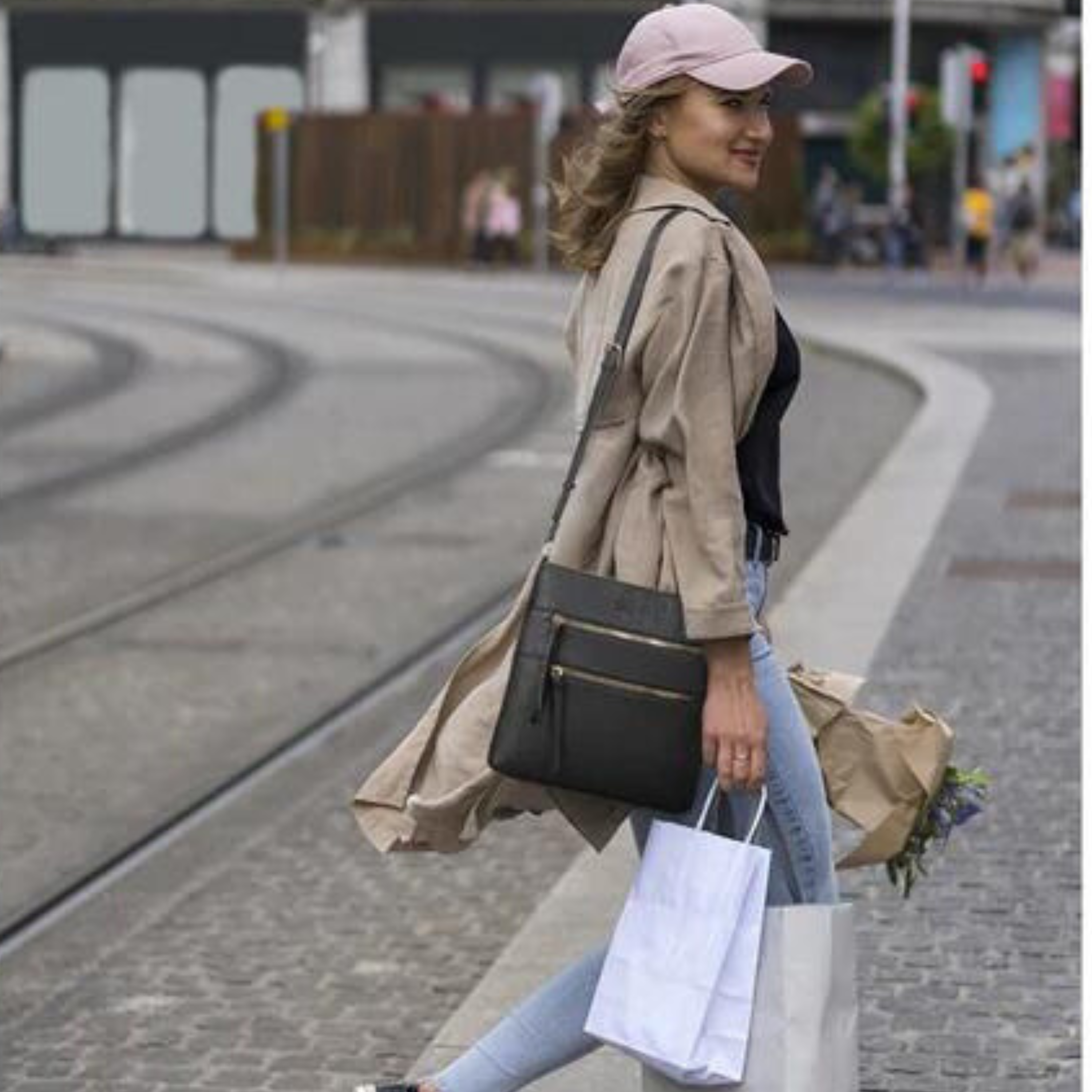 Double Zipper Sling Bag, 100% Vegan Leather
