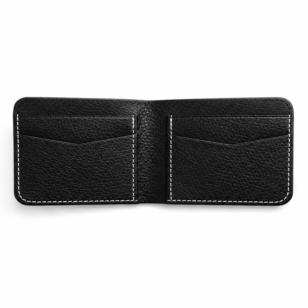 A black pebbled leather bifold wallet shown open, featuring two card slots on each side with white contrast stitching along the edges, set against a plain white background.