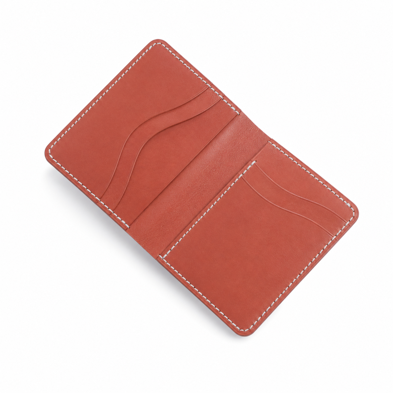 A reddish-brown leather wallet shown open on a clean white background, featuring multiple card slots and white contrast stitching.