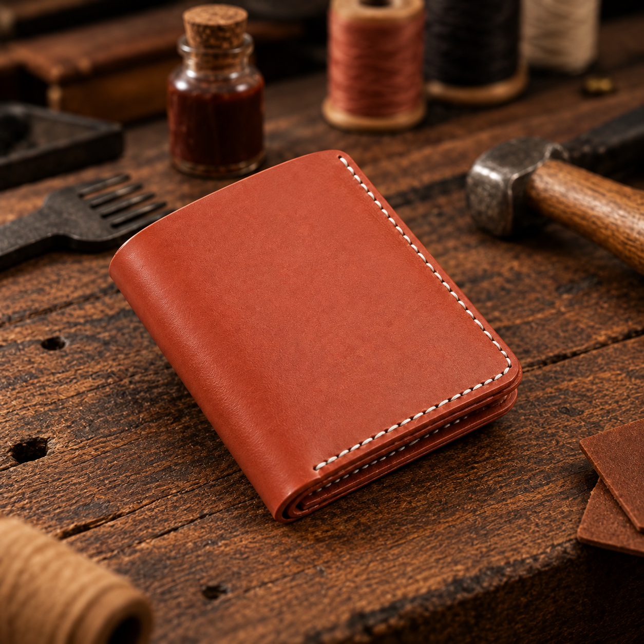 A reddish-brown leather wallet with white contrast stitching, resting on a rustic wooden workbench surrounded by leatherworking tools and spools of thread.
