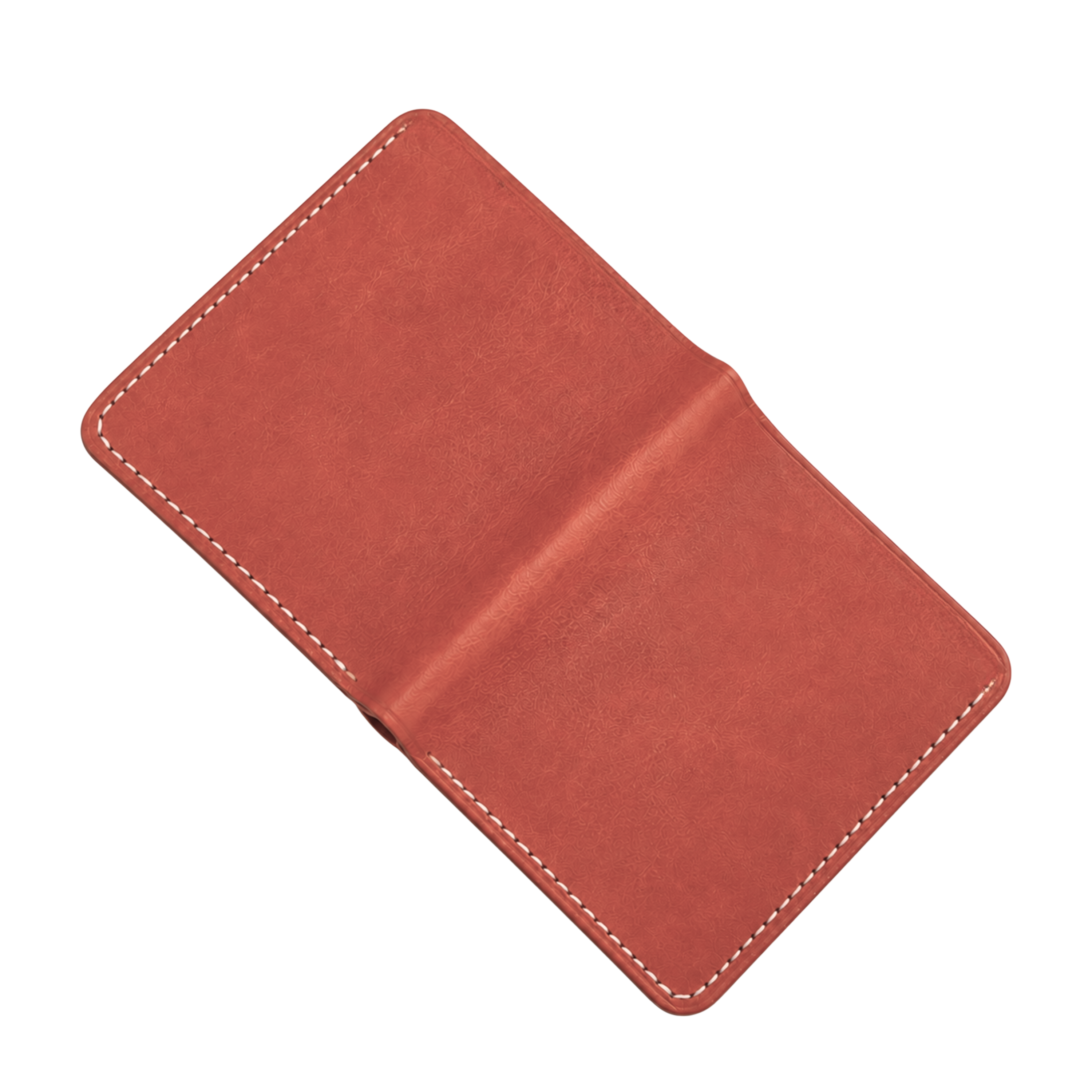 A reddish-brown leather passport cover or document holder shown open on a plain white background.