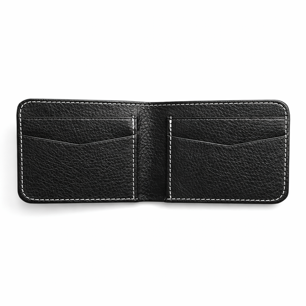 Black leather wallet with white stitching on a white background