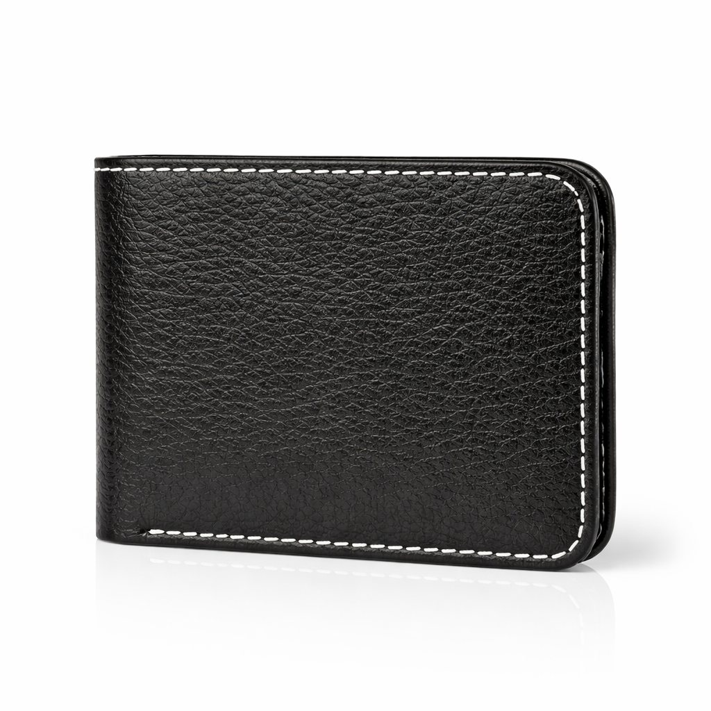 Black leather wallet with white stitching on a white background