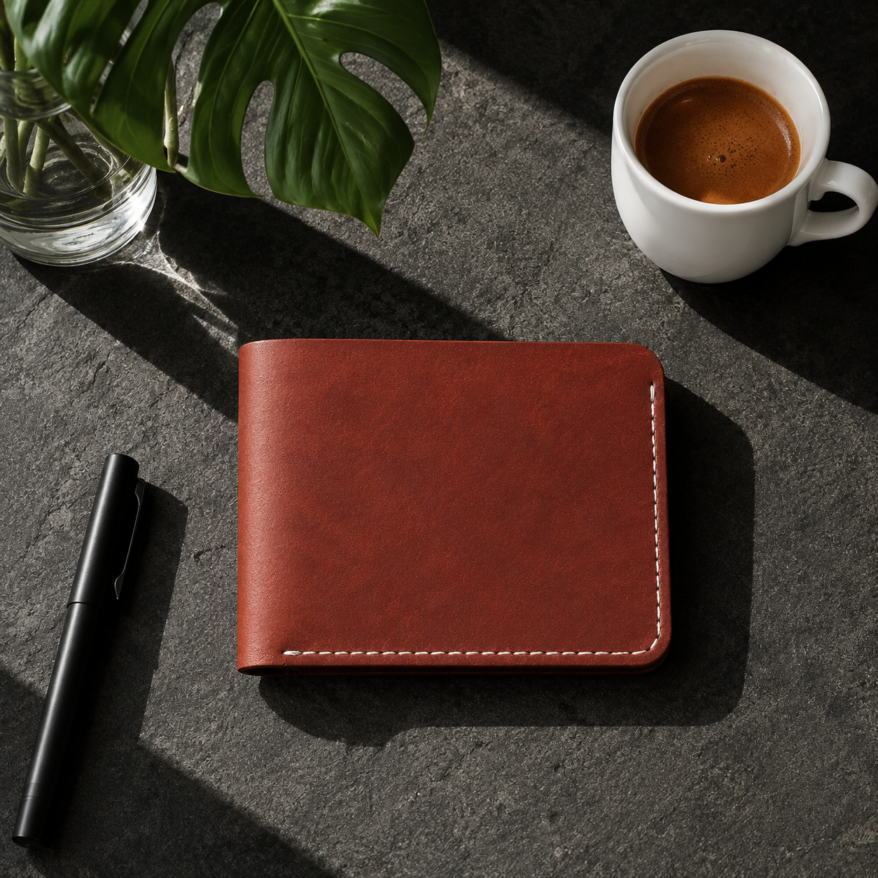 A brown leather wallet with white contrast stitching, styled in a flat-lay on a dark gray textured surface next to a black pen, a white coffee cup, and a green plant leaf.