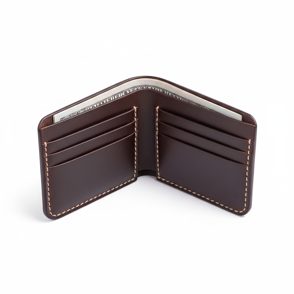 Brown leather wallet with white stitching on a white background