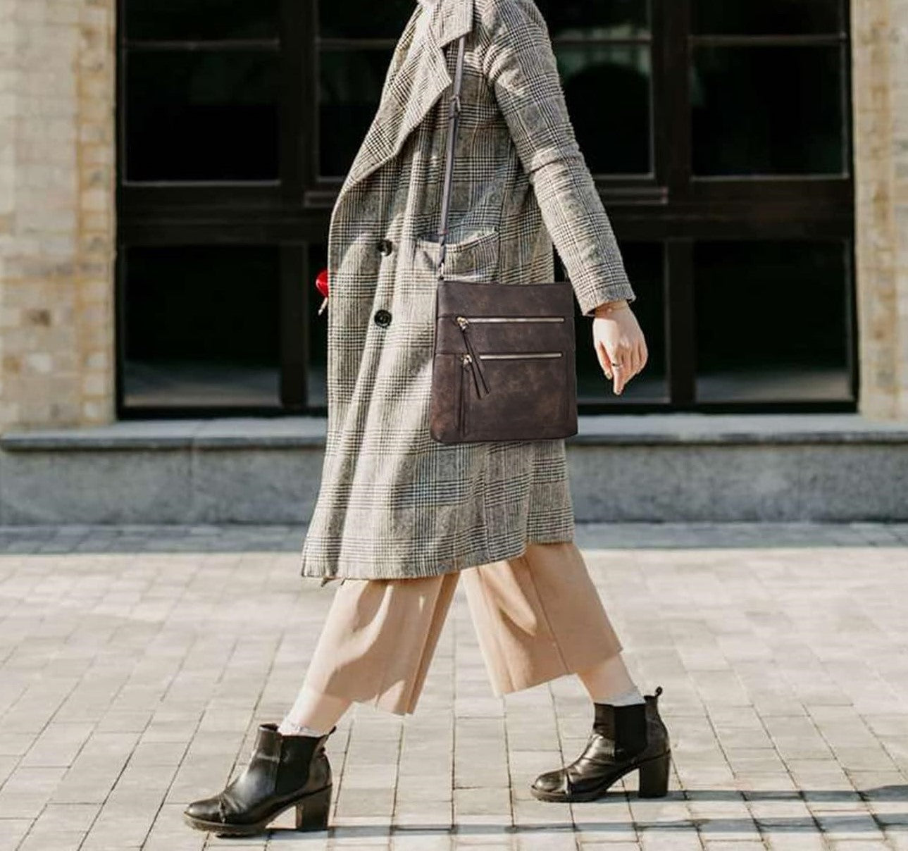 Double Zipper Sling Bag, 100% Vegan Leather