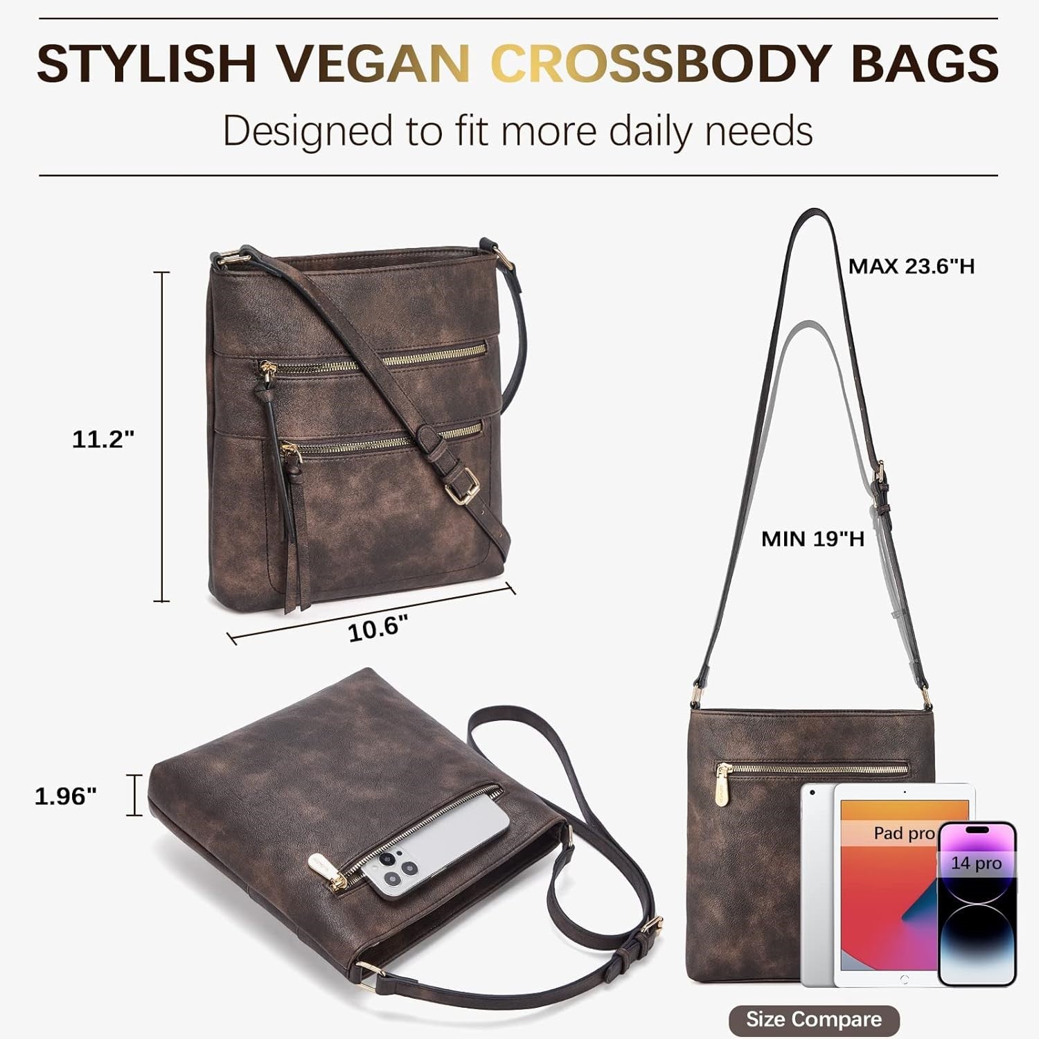 Double Zipper Sling Bag, 100% Vegan Leather