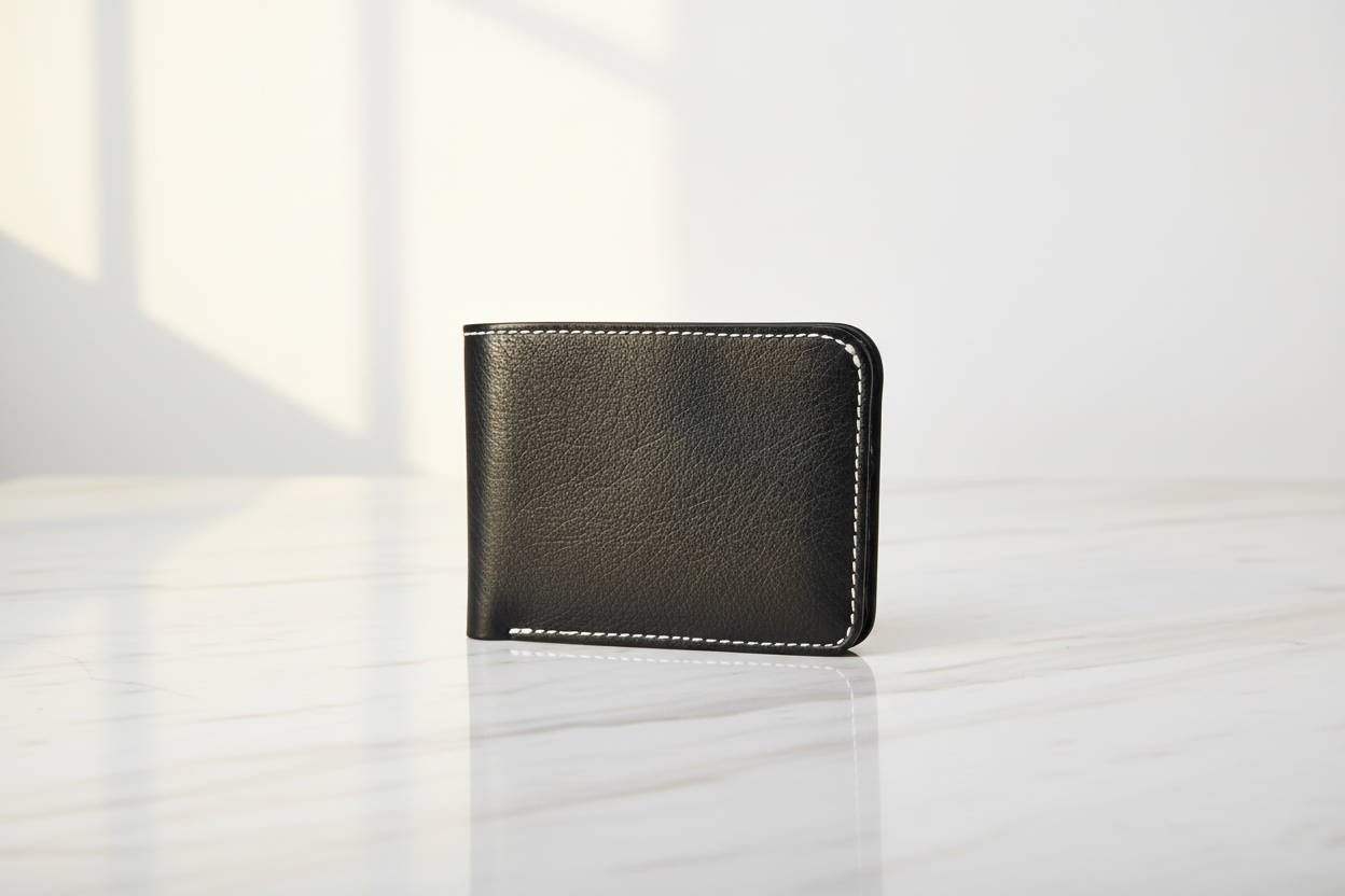 Black wallet on marble stone