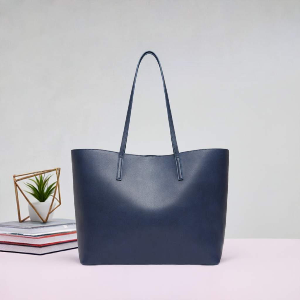 Blue Leather Work Tote Bag with Laptop Compartment