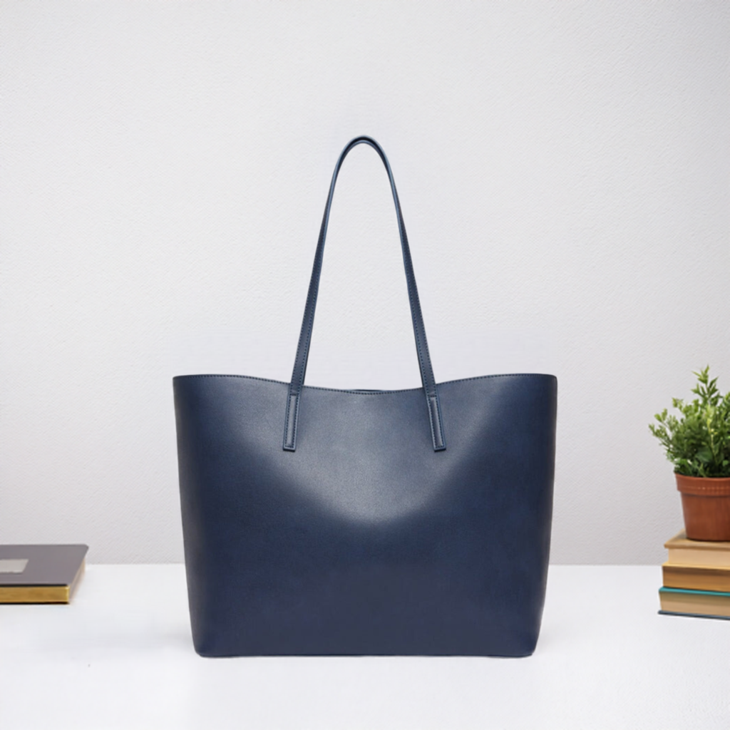 Blue Leather Work Tote Bag with Laptop Compartment
