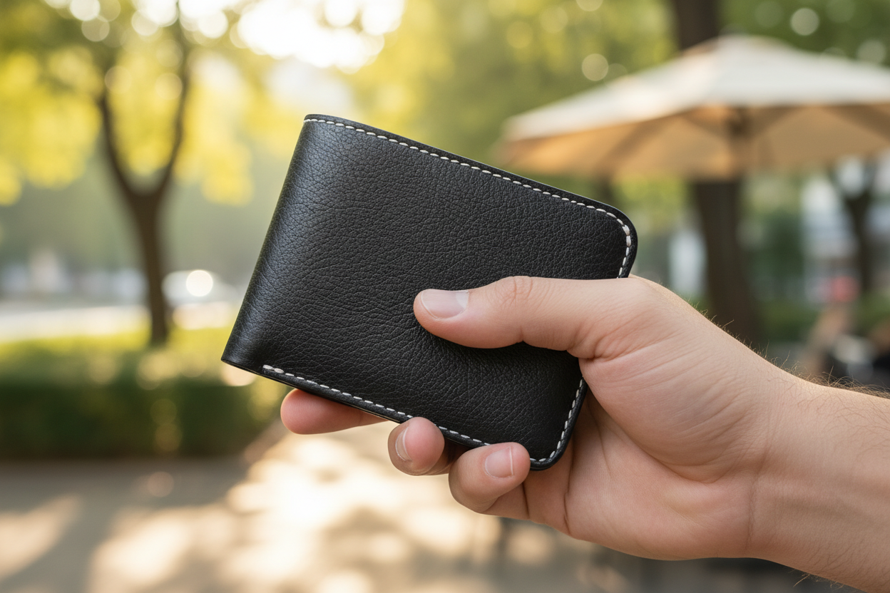 Hand holding black wallet lifestyle shot