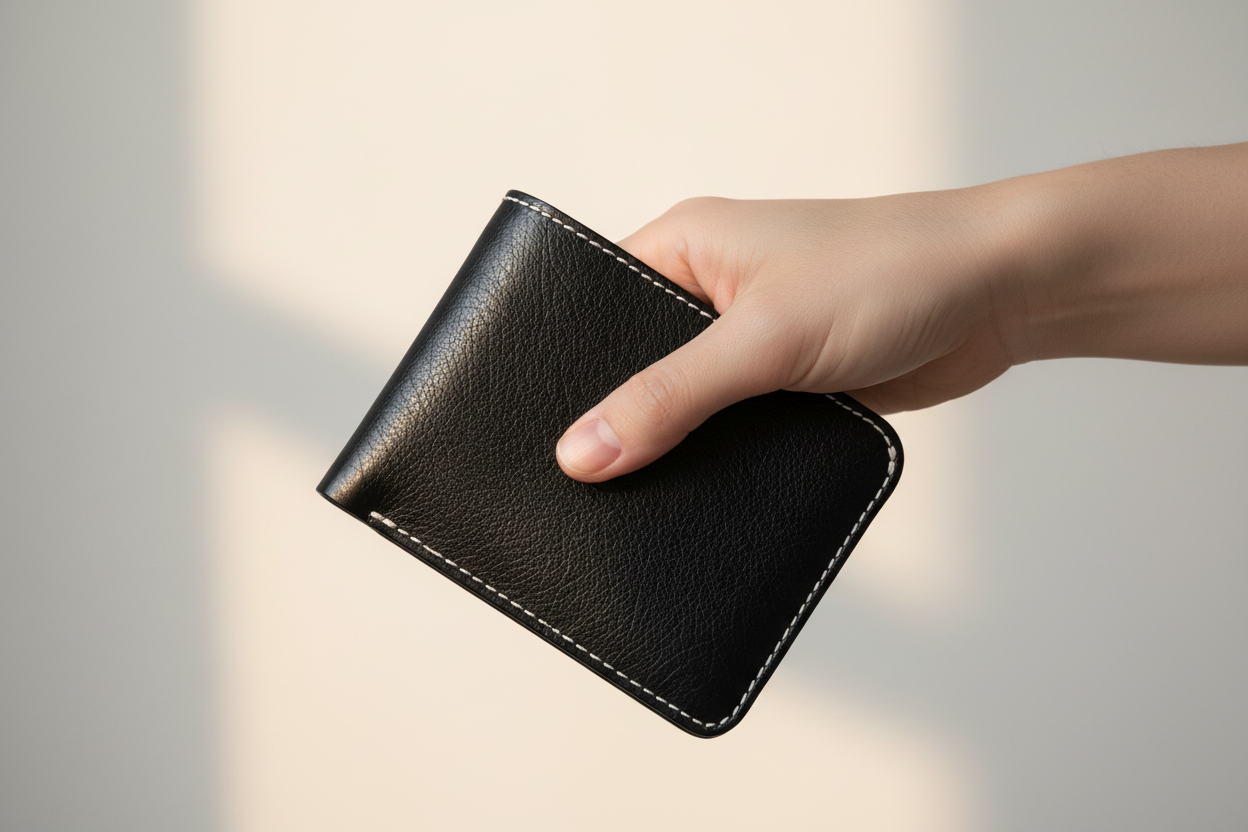 Hand holding black wallet with background