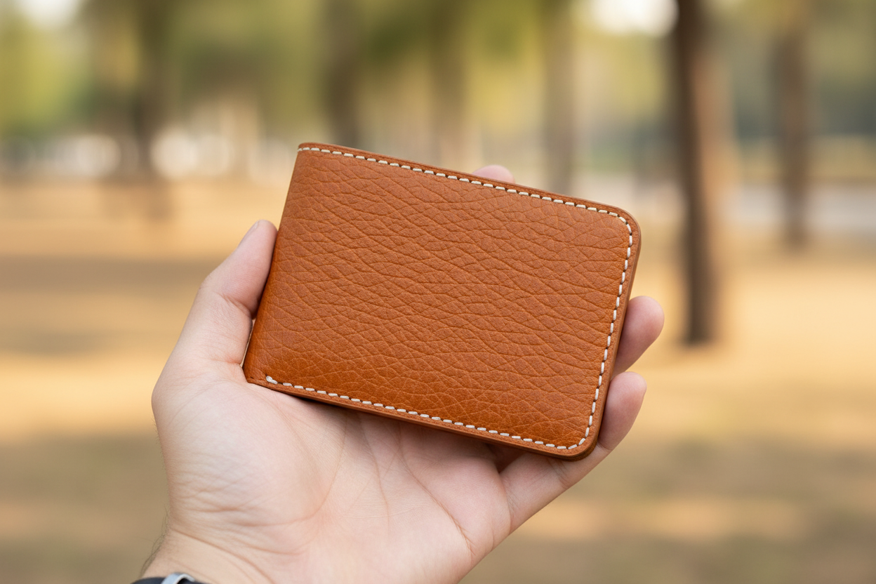 Hand holding tan wallet lifestyle - larger view