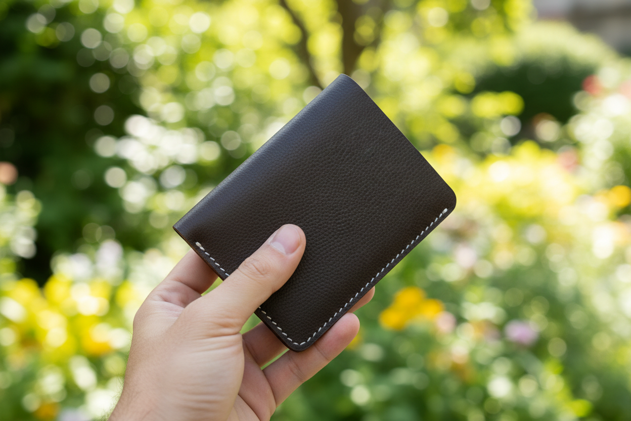 Hand holding wallet in garden setting