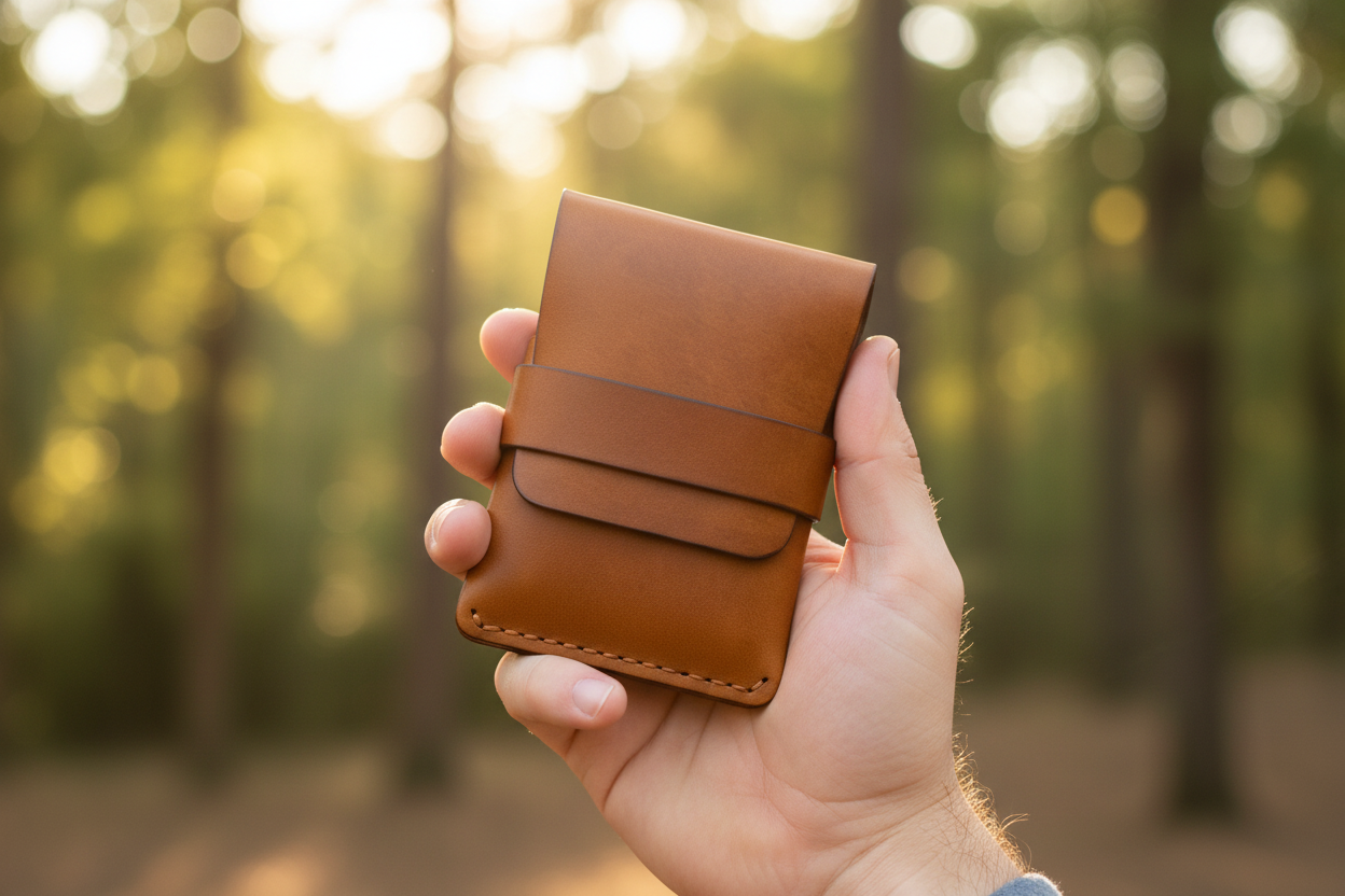 Hand holding wallet lifestyle shot