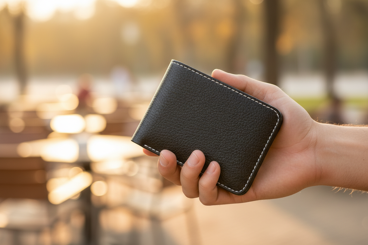 Hand holding wallet lifestyle shot