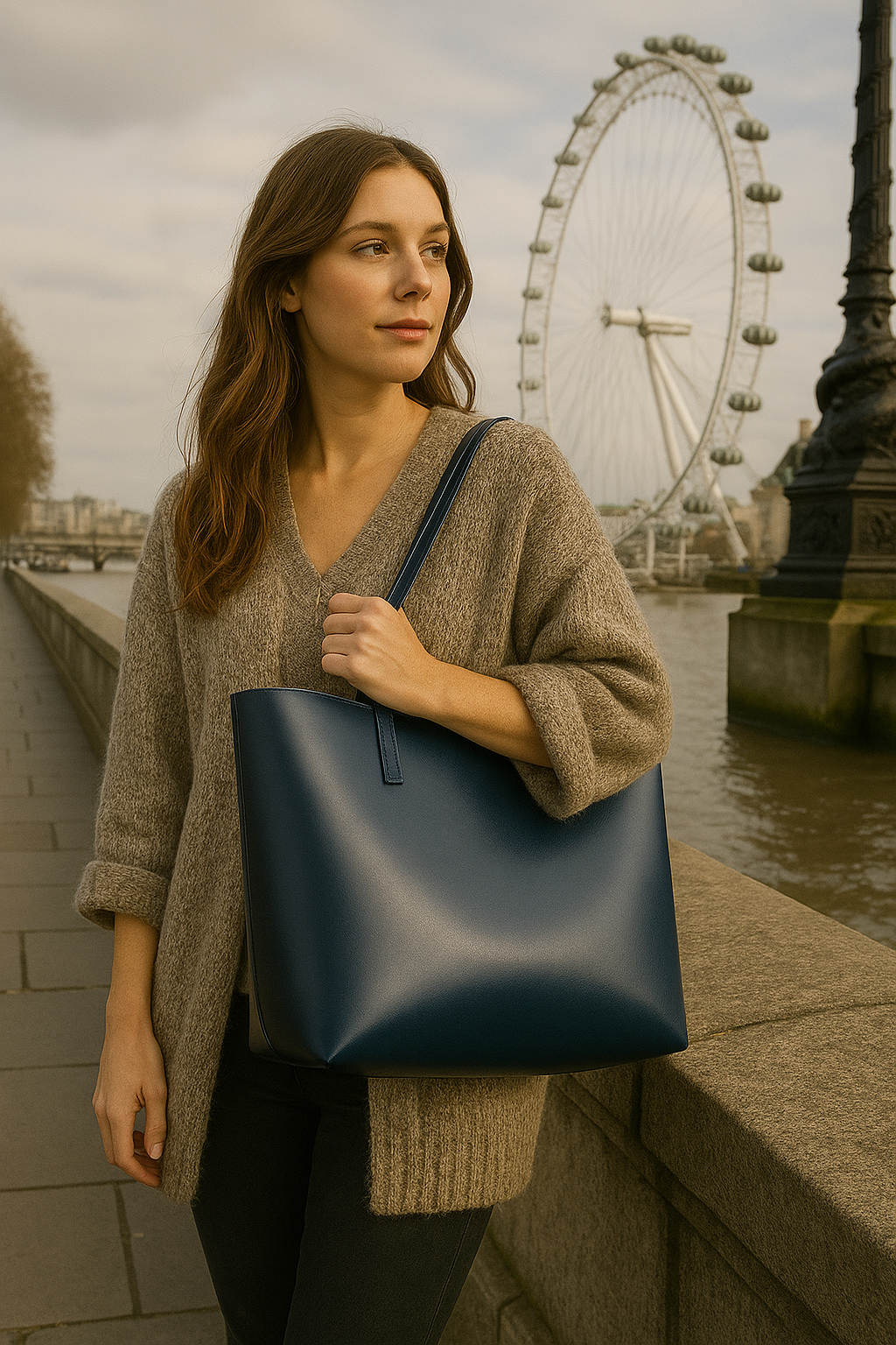 Blue Leather Work Tote Bag with Laptop Compartment