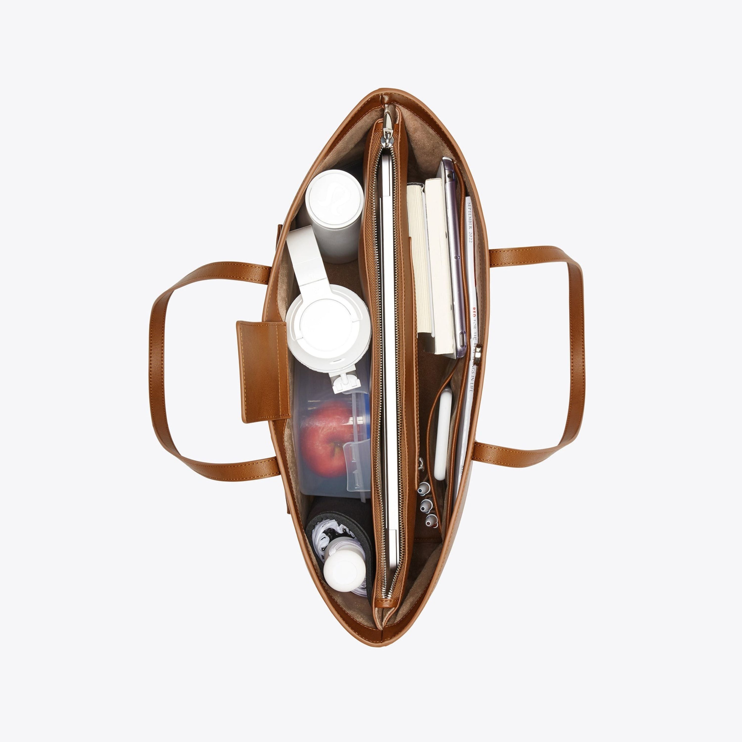Travo Leather Tote Bag with Magnetic Closure, Safe Zip Laptop Compartment & Trolley Strap