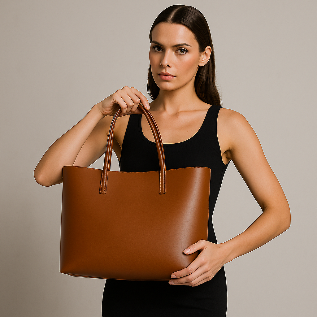 Tan Leather Work Tote Bag with Laptop Compartment