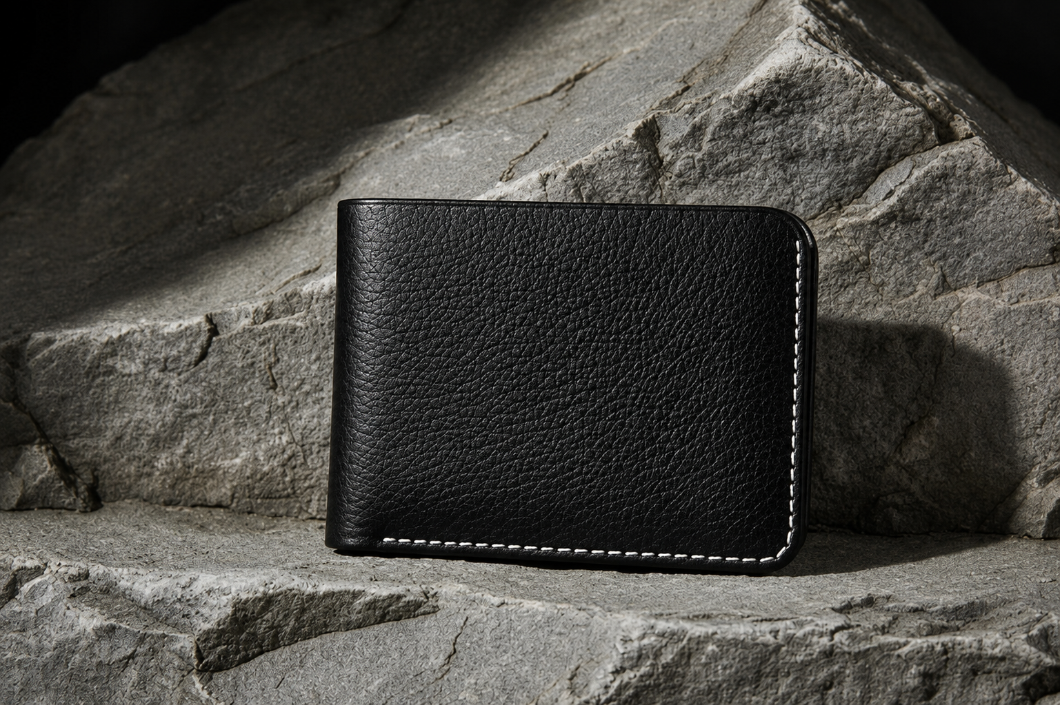 A black textured leather bifold wallet with white contrast stitching, standing upright on a gray stone surface under dramatic lighting.