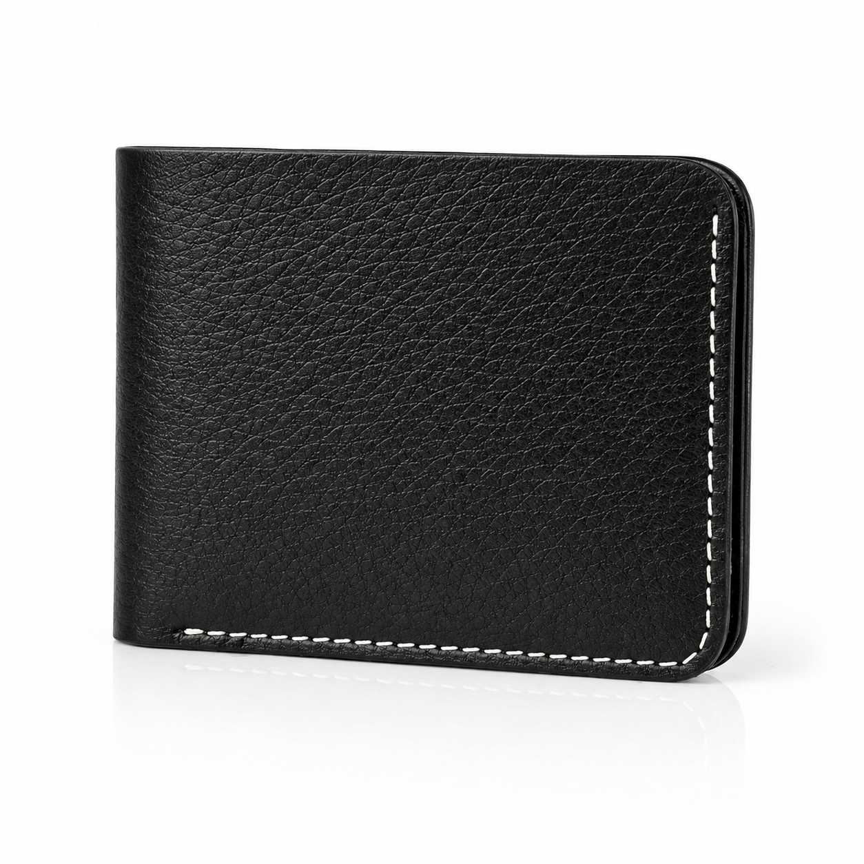 A black textured leather bifold wallet with white contrast stitching, shown closed on a clean white background with a subtle reflection.
