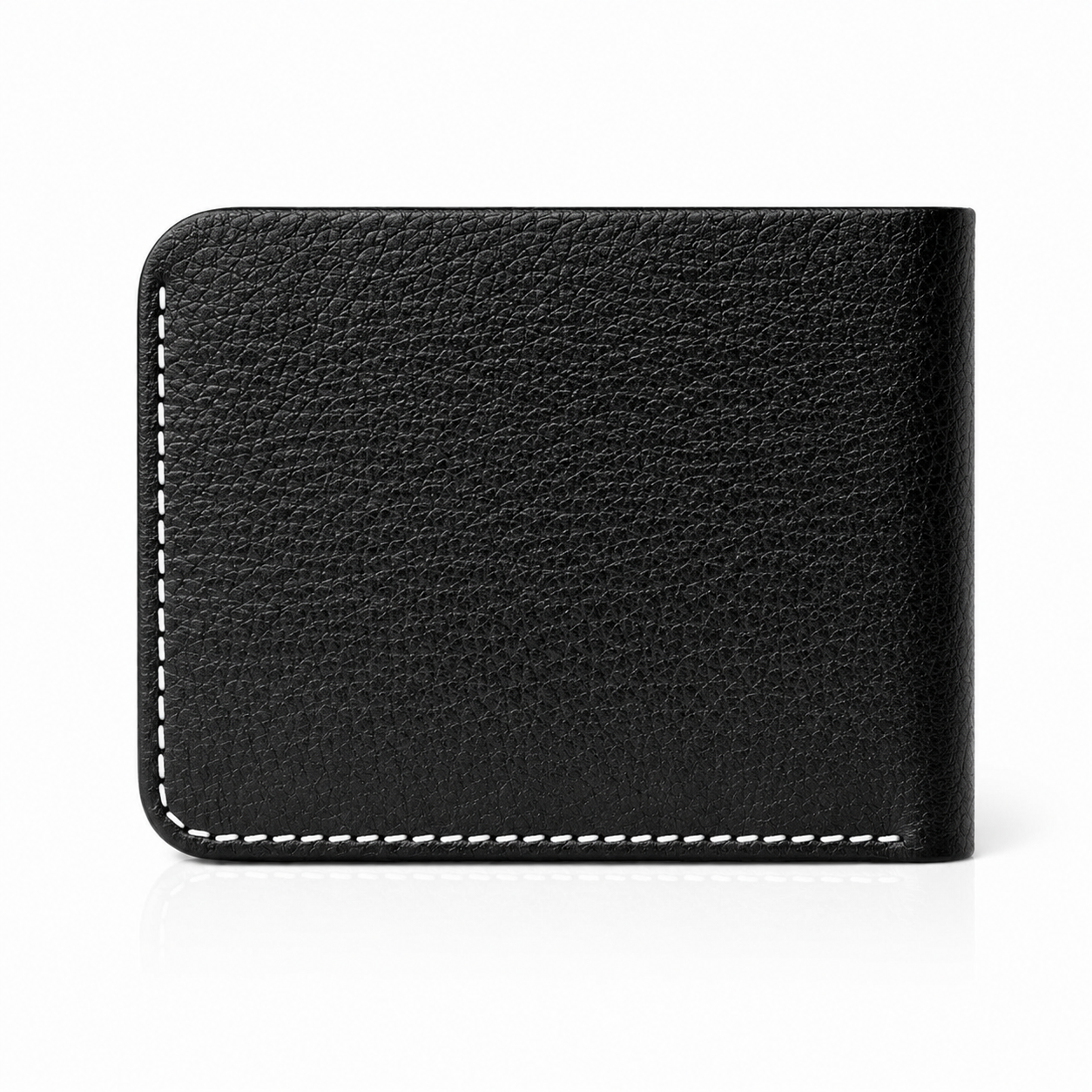 A black textured leather wallet with white contrast stitching, shown closed on a clean white background.