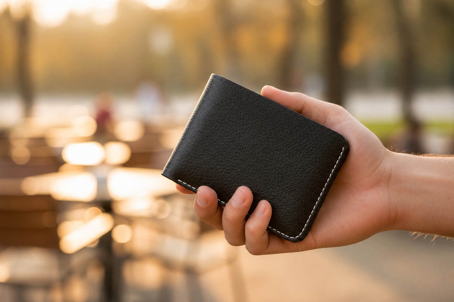 A black textured leather bifold wallet held in a person's hand, set against a blurred outdoor park background at sunset.