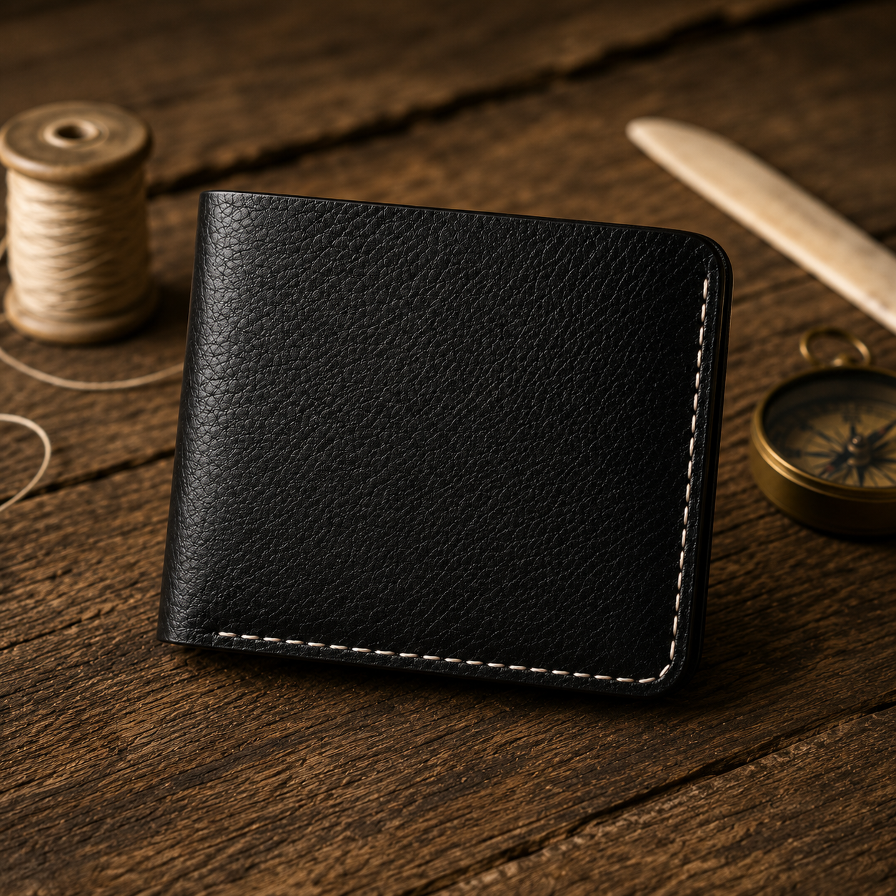 A black textured leather bifold wallet with white contrast stitching, resting on a rustic wooden surface surrounded by vintage-style props including a spool of thread, a wooden tool, and a brass compass.