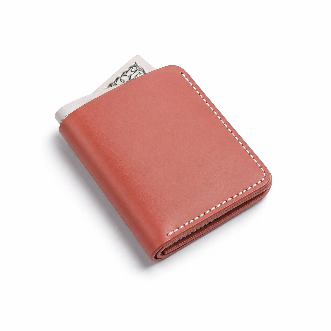 A reddish-brown leather wallet shown open on a clean white background, featuring multiple card slots and white contrast stitching.