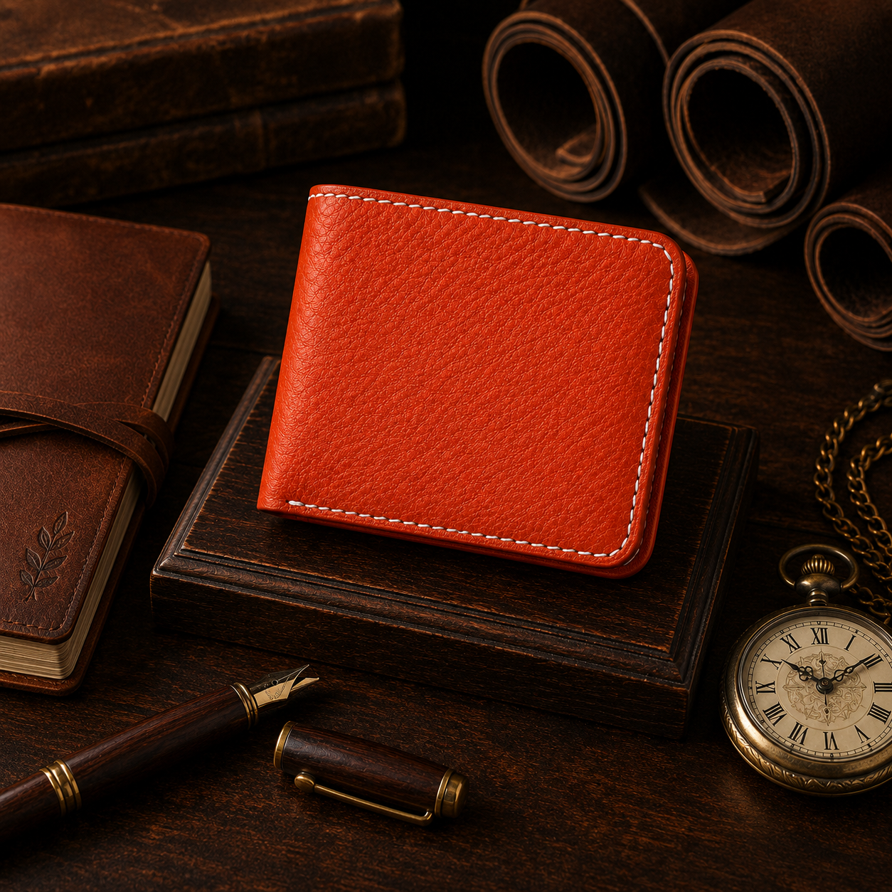 A bright orange-red textured leather bifold wallet with white contrast stitching, displayed on a dark wooden block surrounded by vintage-style brown leather accessories, a fountain pen, and a pocket watch.