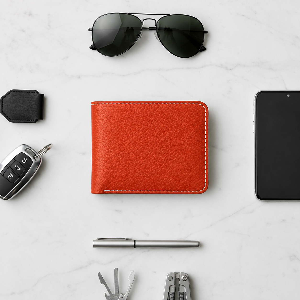 A bright orange-red textured leather bifold wallet with white stitching, styled in a flat-lay arrangement on a white marble background with sunglasses, a car key fob, a smartphone, a pen, and small tools.