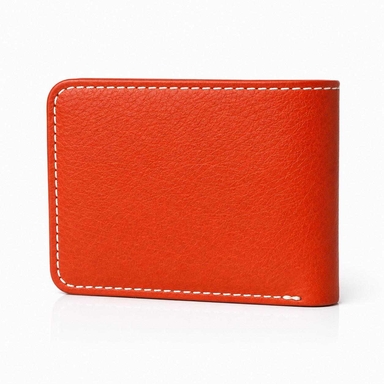 A bright orange-red textured leather wallet with white contrast stitching, shown closed on a clean white background.
