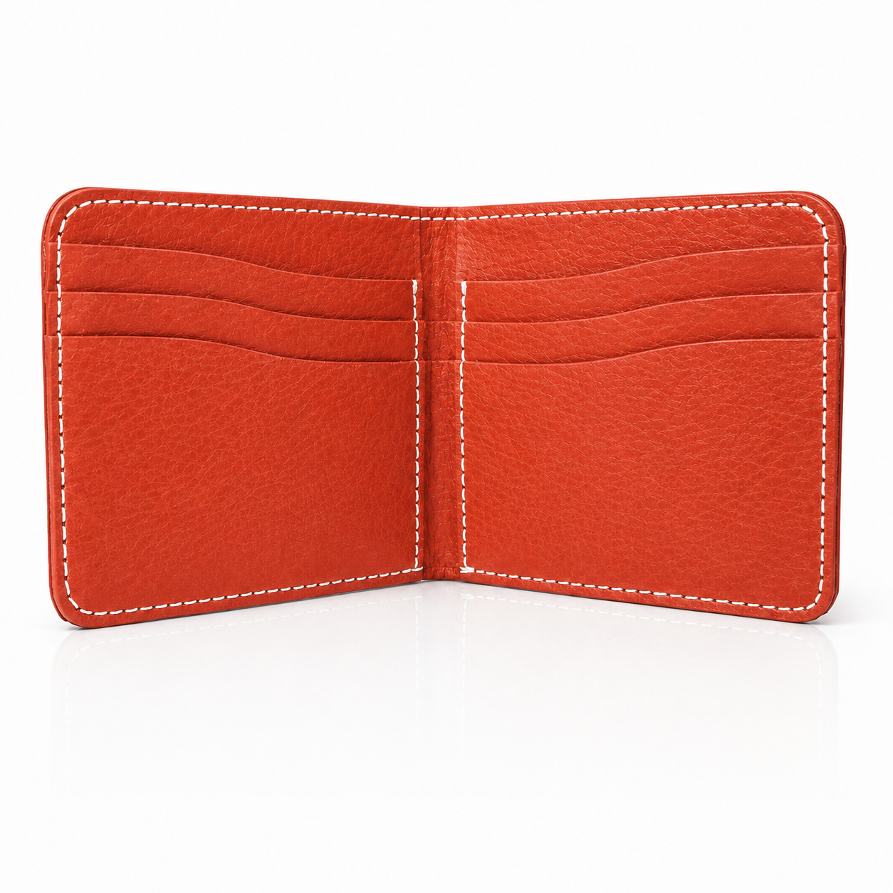 An open red leather wallet with white contrast stitching and multiple card slots, displayed on a clean white background.