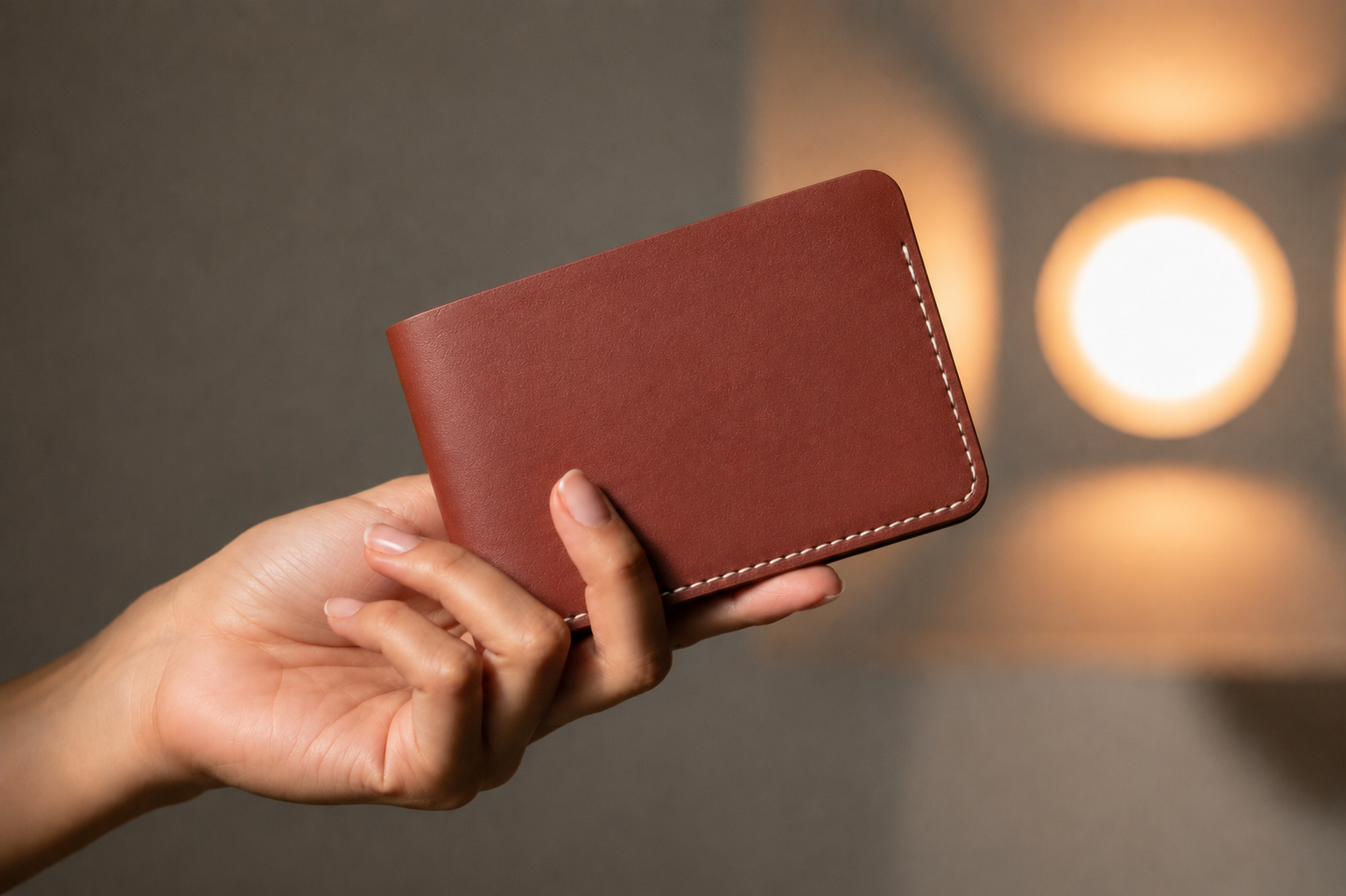 A hand holding a reddish-brown leather wallet against a warm, softly blurred background with circular light bokeh.