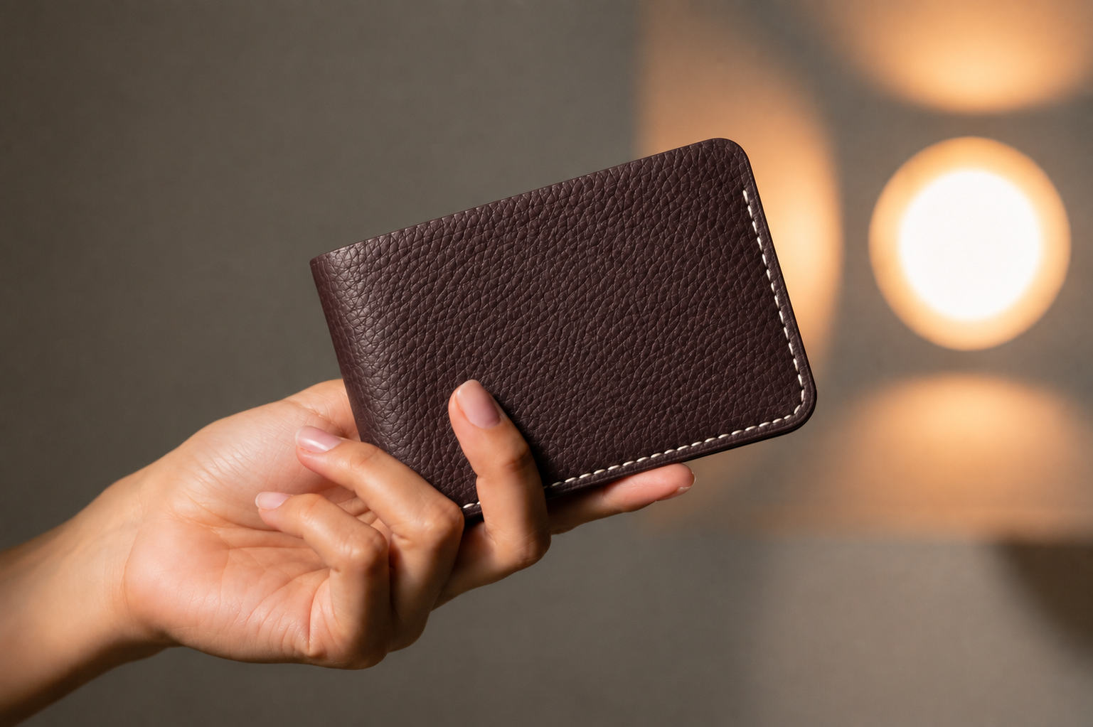 A hand holding a dark brown textured leather bifold wallet with white contrast stitching, set against a warm, softly blurred background with bokeh light circles.