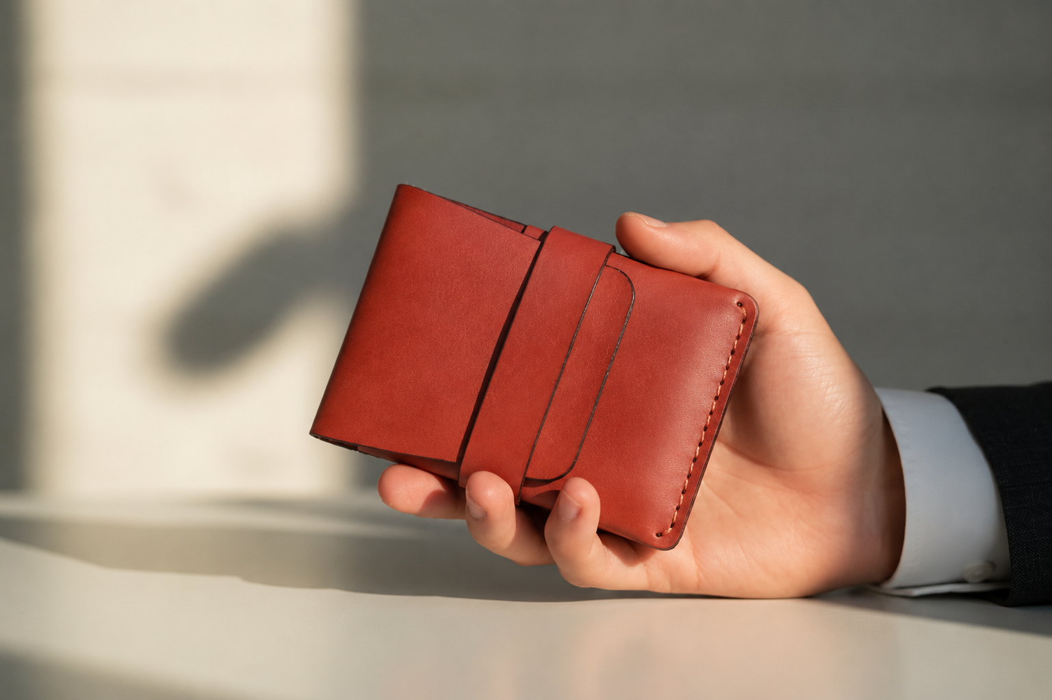 A hand holding a small red leather wallet or card holder against a softly blurred indoor background.