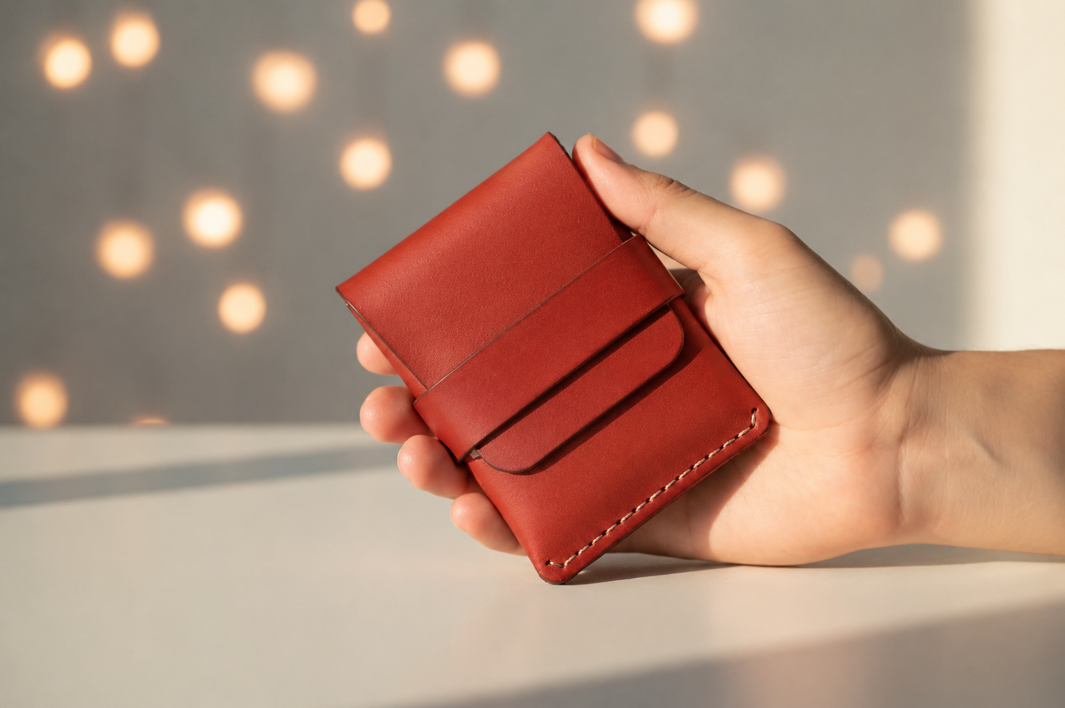 A hand holding a small red leather card holder wallet against a softly lit background with warm bokeh lights.