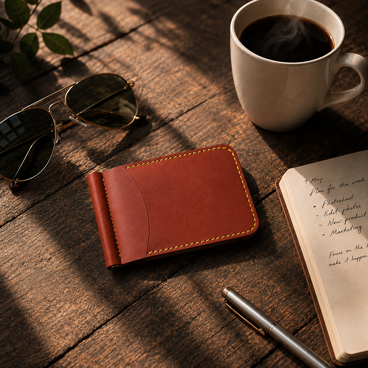 A brown leather money clip wallet with contrast stitching, styled on a rustic wooden table alongside a white coffee mug, aviator sunglasses, a notebook, and a silver pen.