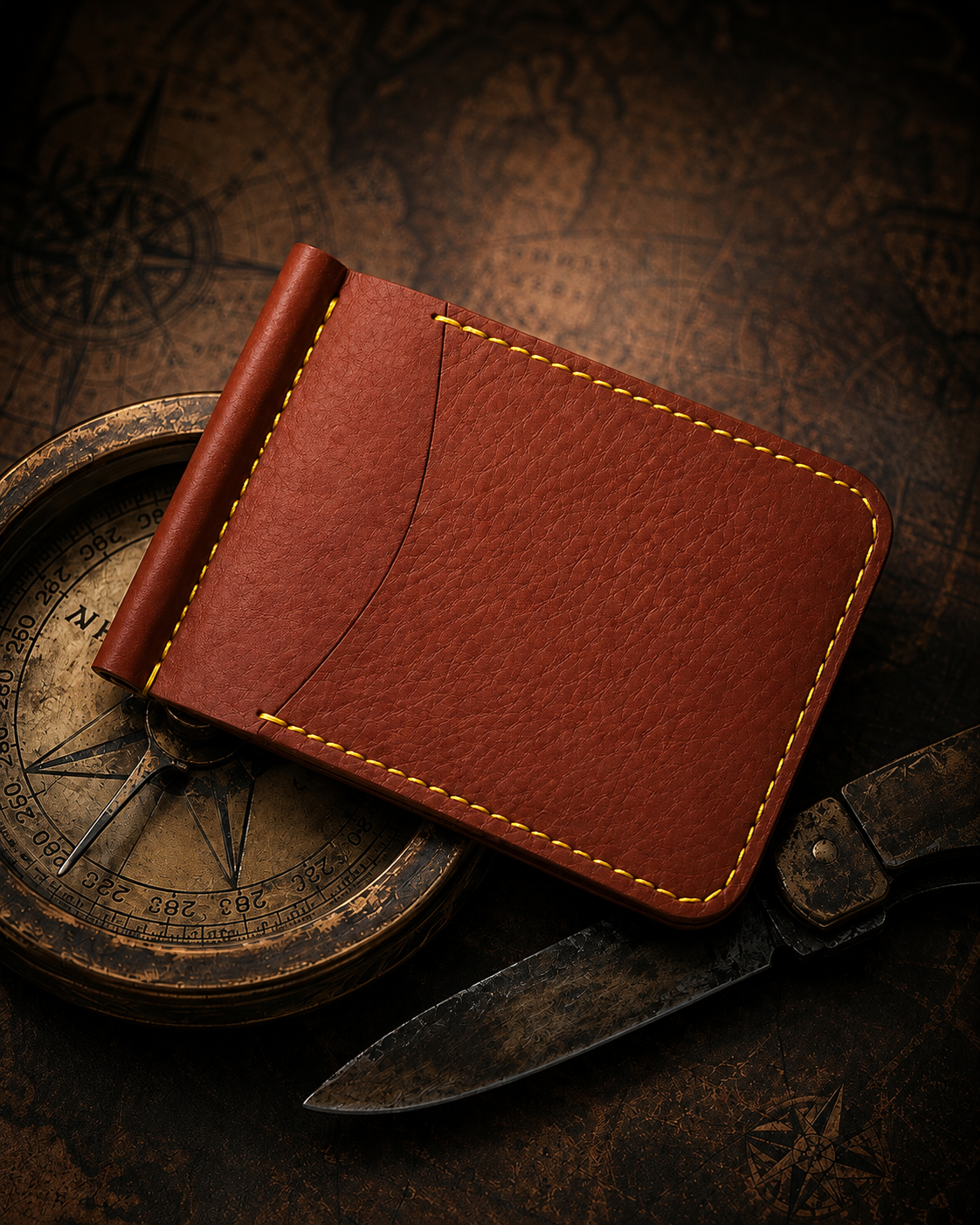 A brown leather card holder wallet with yellow contrast stitching, styled on top of a vintage brass compass with a knife in the background against a dark map backdrop.