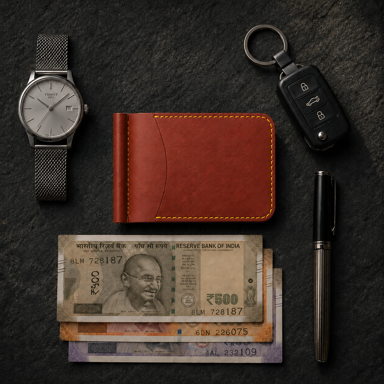 A styled flat-lay of a brown leather bifold wallet with yellow stitching, surrounded by a silver mesh-strand wristwatch, a black car key fob, a black pen, and Indian 500 rupee banknotes on a dark textured slate background.